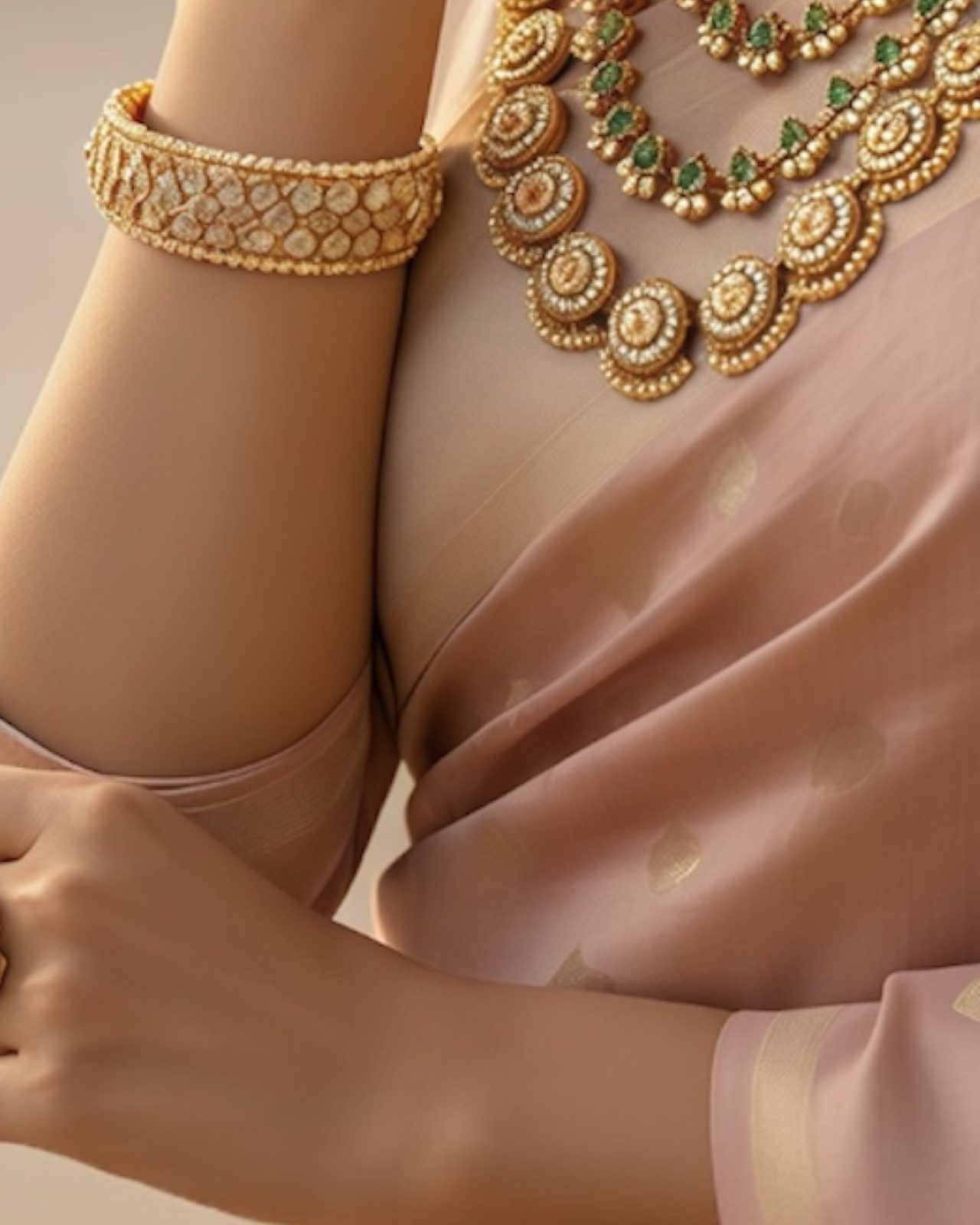 Kasu-mala layered coin necklace worn with a blush saree